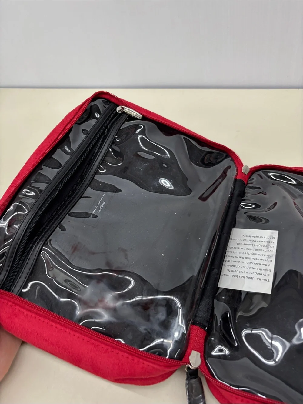Lancome Red Suede Cosmetics Tote with Black Trim